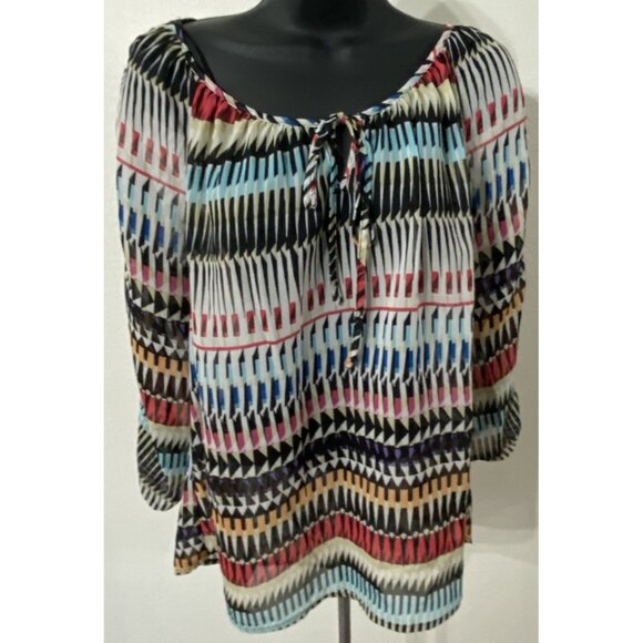 Sunny Leigh Petite Womens PXL Blouse Multi Color Crochet Strip On Sleeves - Picture 1 of 8